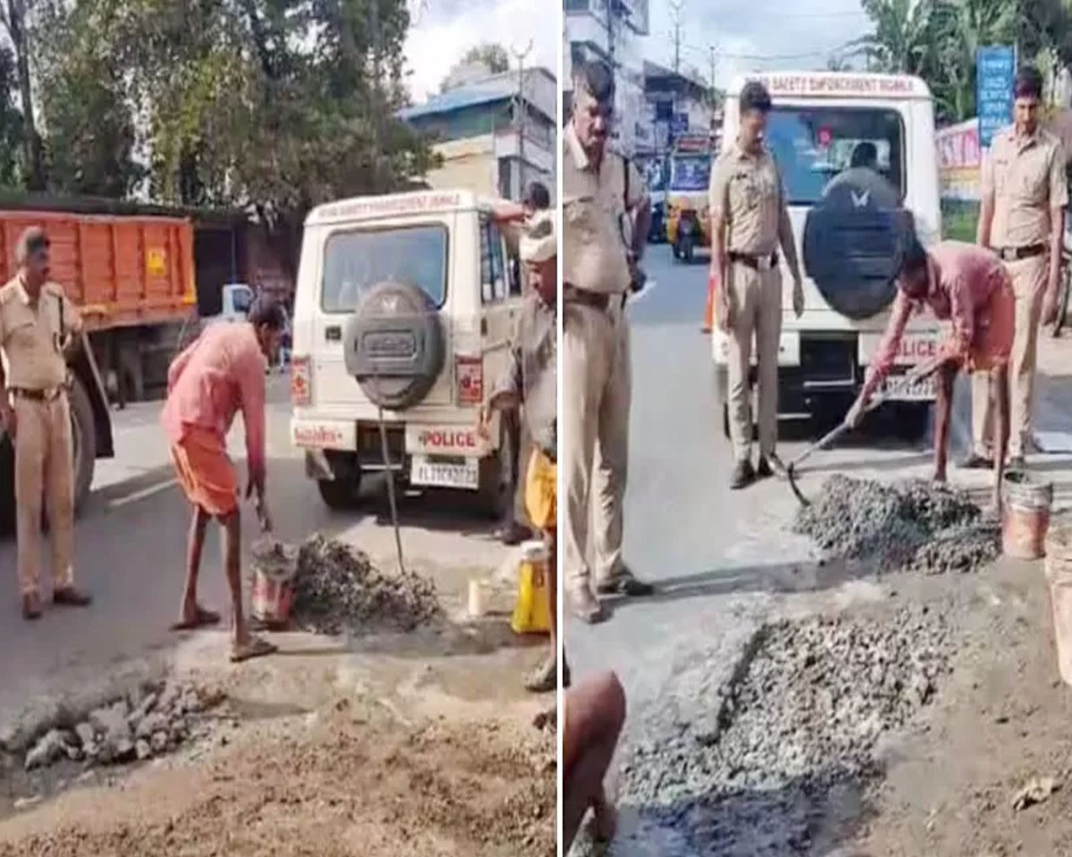 വാട്ടര്‍ അതോറിറ്റി കുത്തിപ്പൊളിച്ച റോഡിലെ കുഴി കോണ്‍ക്രീറ്റ് ചെയ്ത് ട്രാഫിക് പൊലീസ്